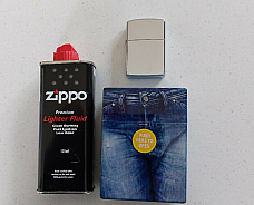 Chrome oil lighter with Zippo 125 ml lighter fluid and jeans look cigarette case