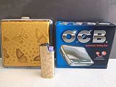 cigarette case butterfly style Gold  with OCB automatic rolling box 68 mm