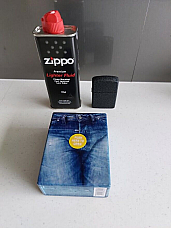 Black oil lighter with  quality 125ml lighter fluid and jeans look cigarette case30