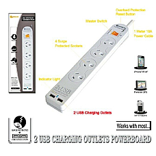 2 x , 2 usb outlet in 4 way surge protected power board, 12 month warranty