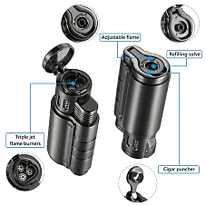 Jobon 3 burner cigar lighter with cigar punch comes with bonus 18ml gas  refill