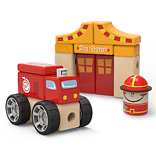 Top Bright Childrens Wooden 19pc Building Block Toy -Red Fire Station & Truck